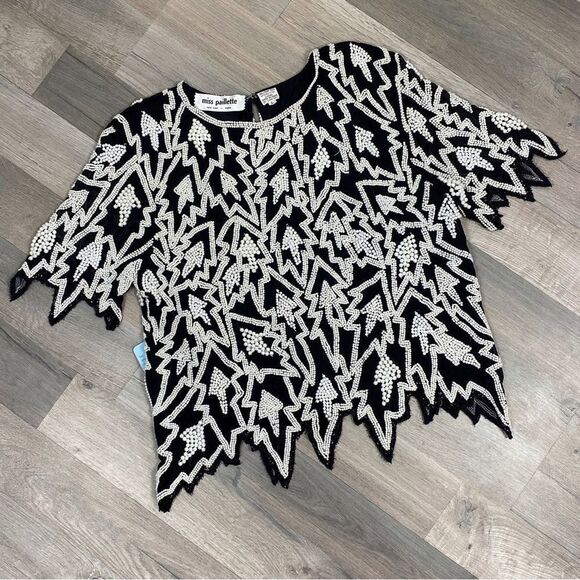Miss Paillette Pearl Embellished Silk Pullover Blouse Black White Large - Picture 10 of 11